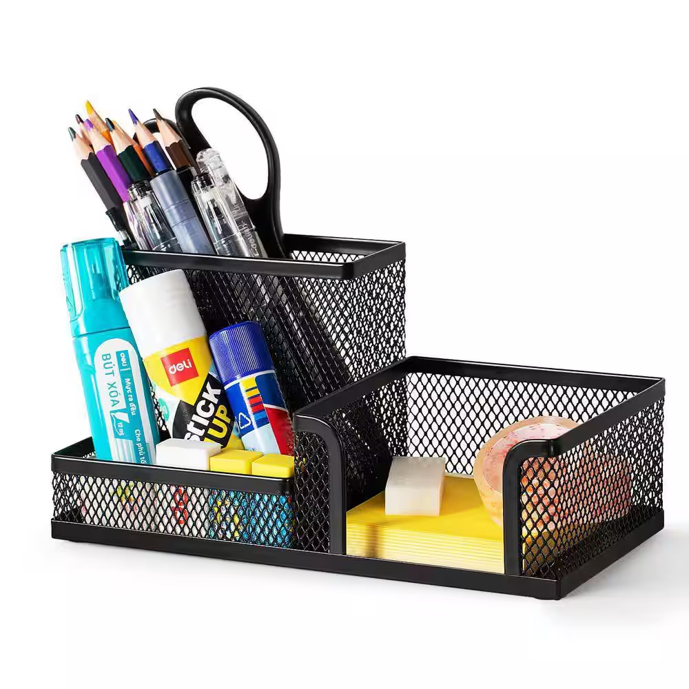 Black 7.87 In. X 11.22 In. Steel Wire Mesh Desk Organizer with 3 Compartments fo