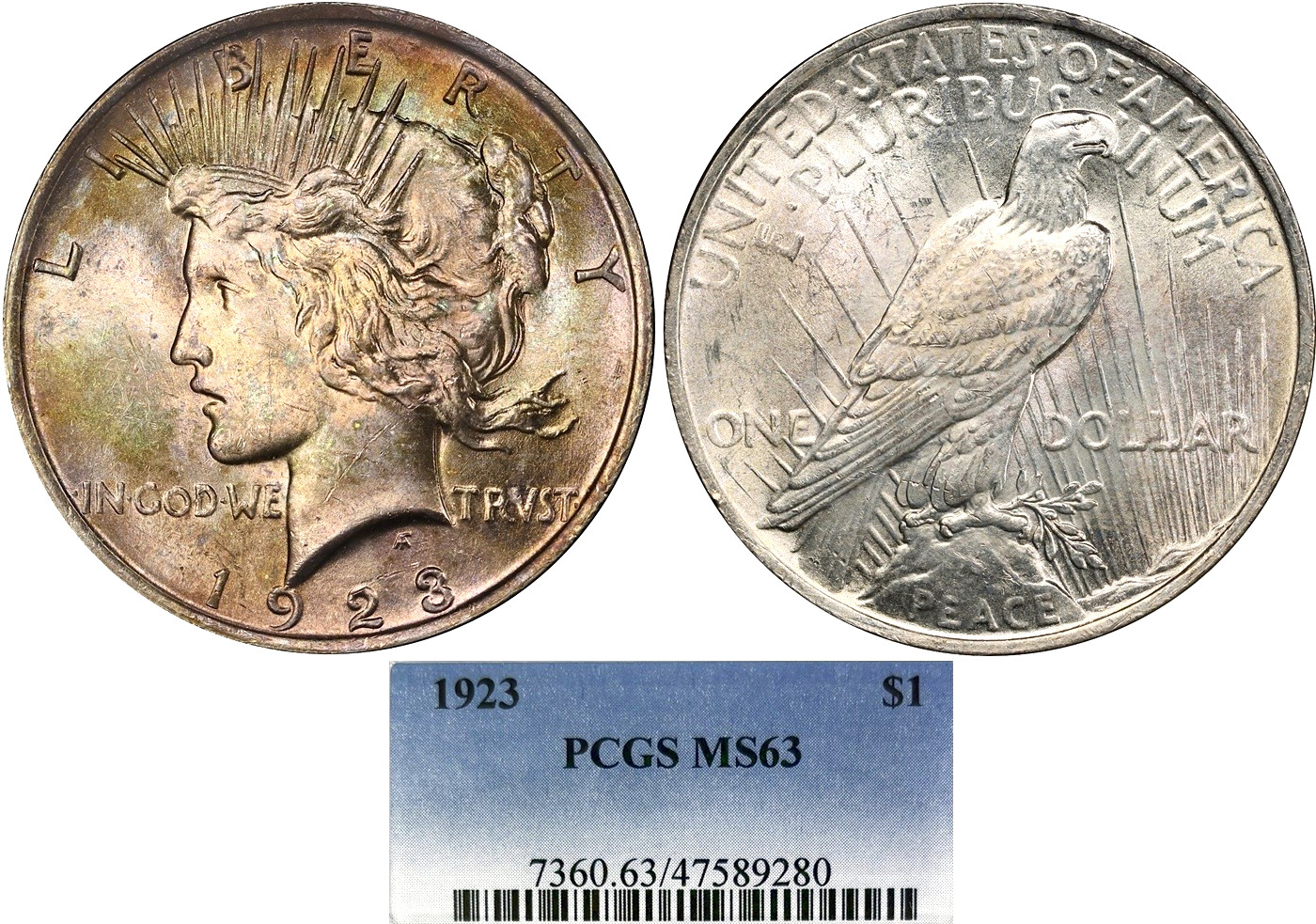 1923 $1 PCGS MS63 PEACE DOLLAR ~ RARE BEAUTIFUL PASTEL COLOR!