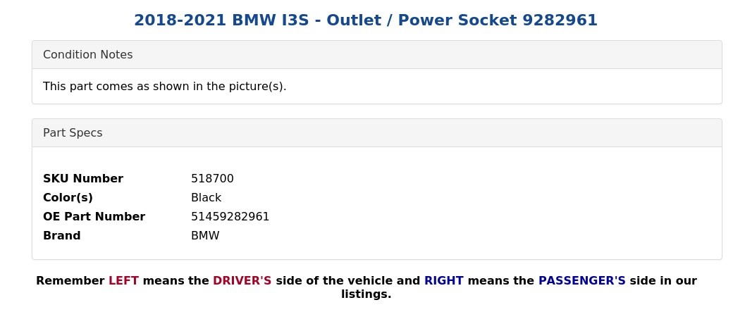 2018-2021 BMW I3S - Outlet / Power Socket 9282961