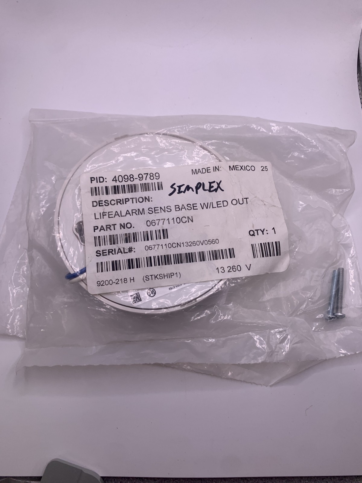 Simplex 0677110CN Lifealarm Sensor Base, w/LED Out, NEW IN BAG