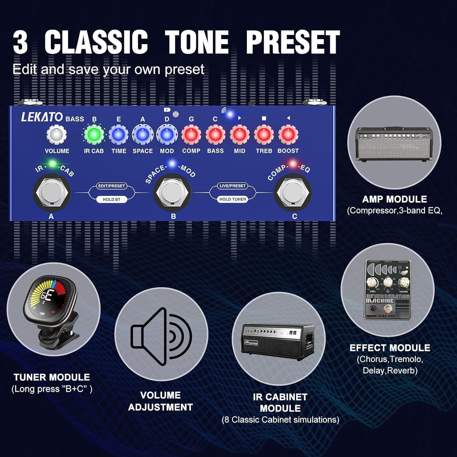 Lekato Bass Multi Effects Pedal Guitar Effects IR Loading 9 AMP Models Delay