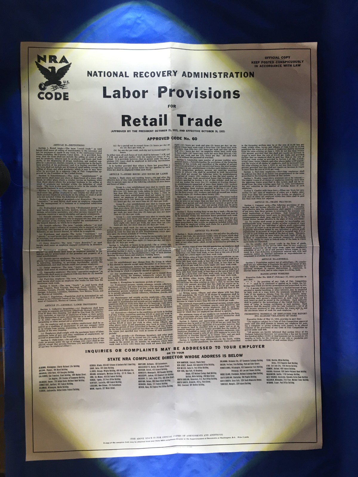 Vintage Original NRA Poster Labor Provisions for Retail Trade 1934 (28 x20)