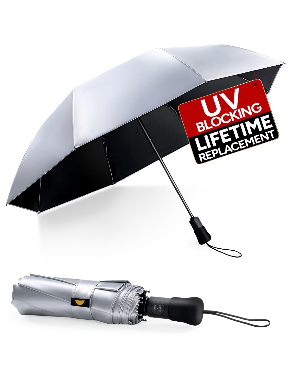 Chakipee UPF 50+ UV Umbrella for Sun Protection, 42/46 Inch Silver Compact Tr...