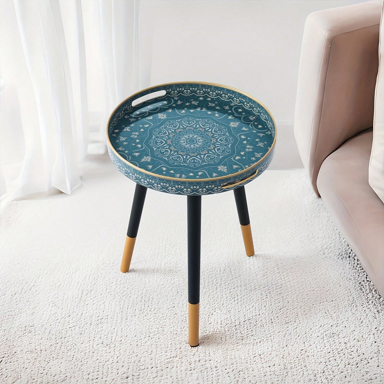 15-Inch Bohemian Round Side Table Plastic Frame Triangle Legs Dark Green