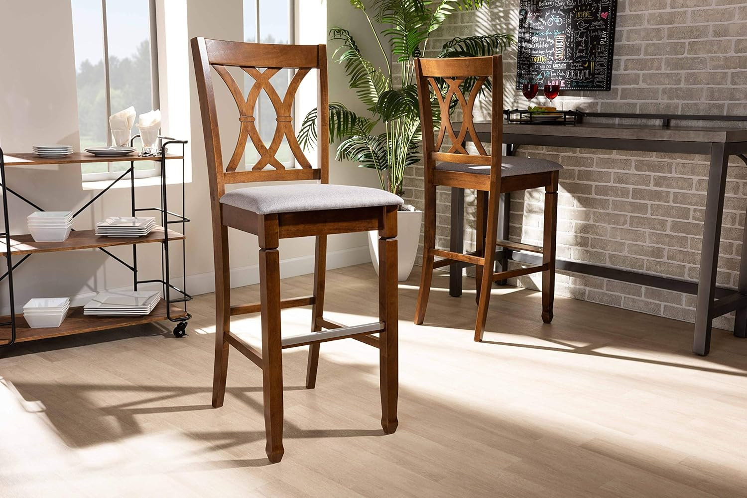 Calista Grey Fabric Bar Stool Set with Walnut Finish - 2 Stylish Pieces