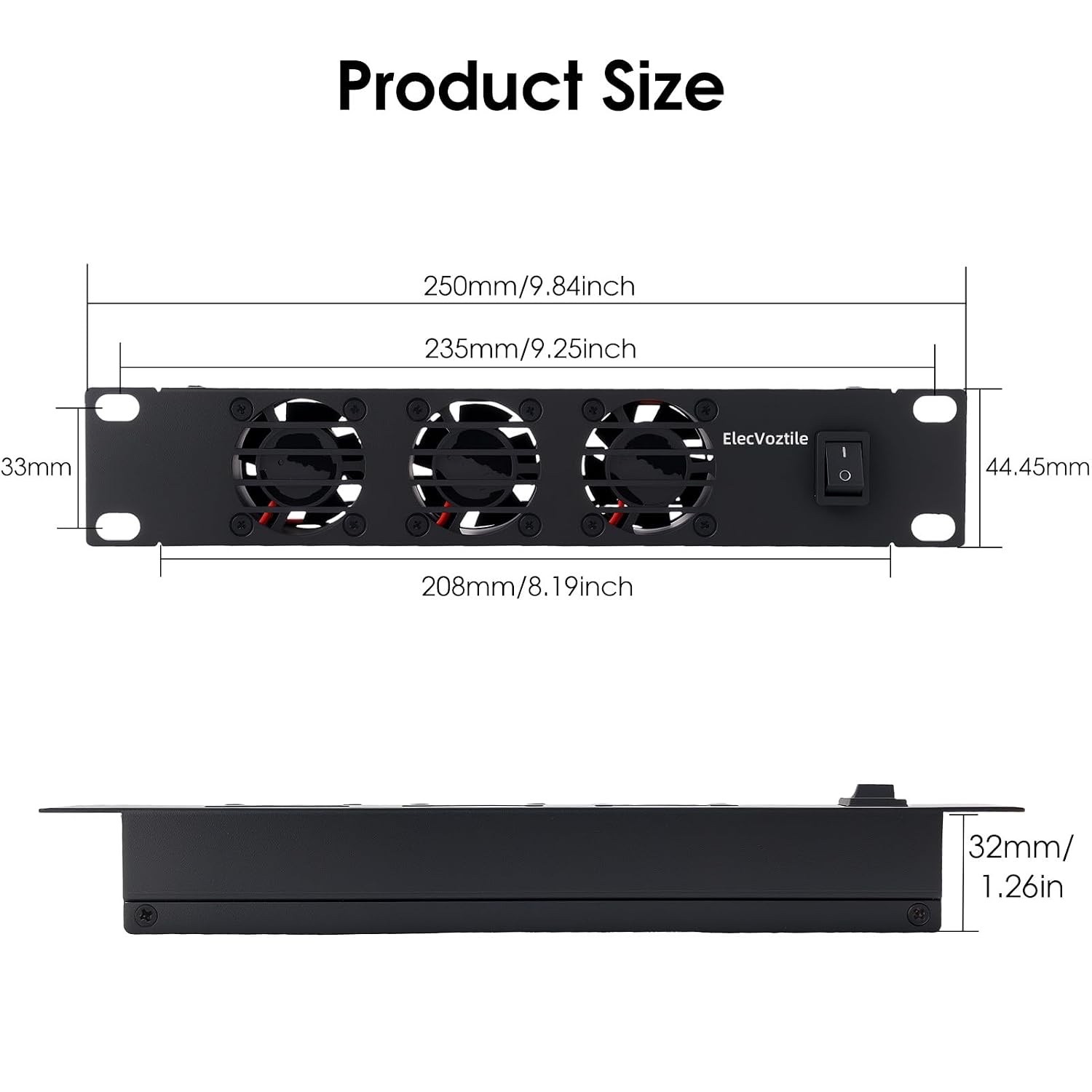 ElecVoztile 10” 1U Rack Mount Fan Panel Triple Fan 5V Adapter Metal Case Server