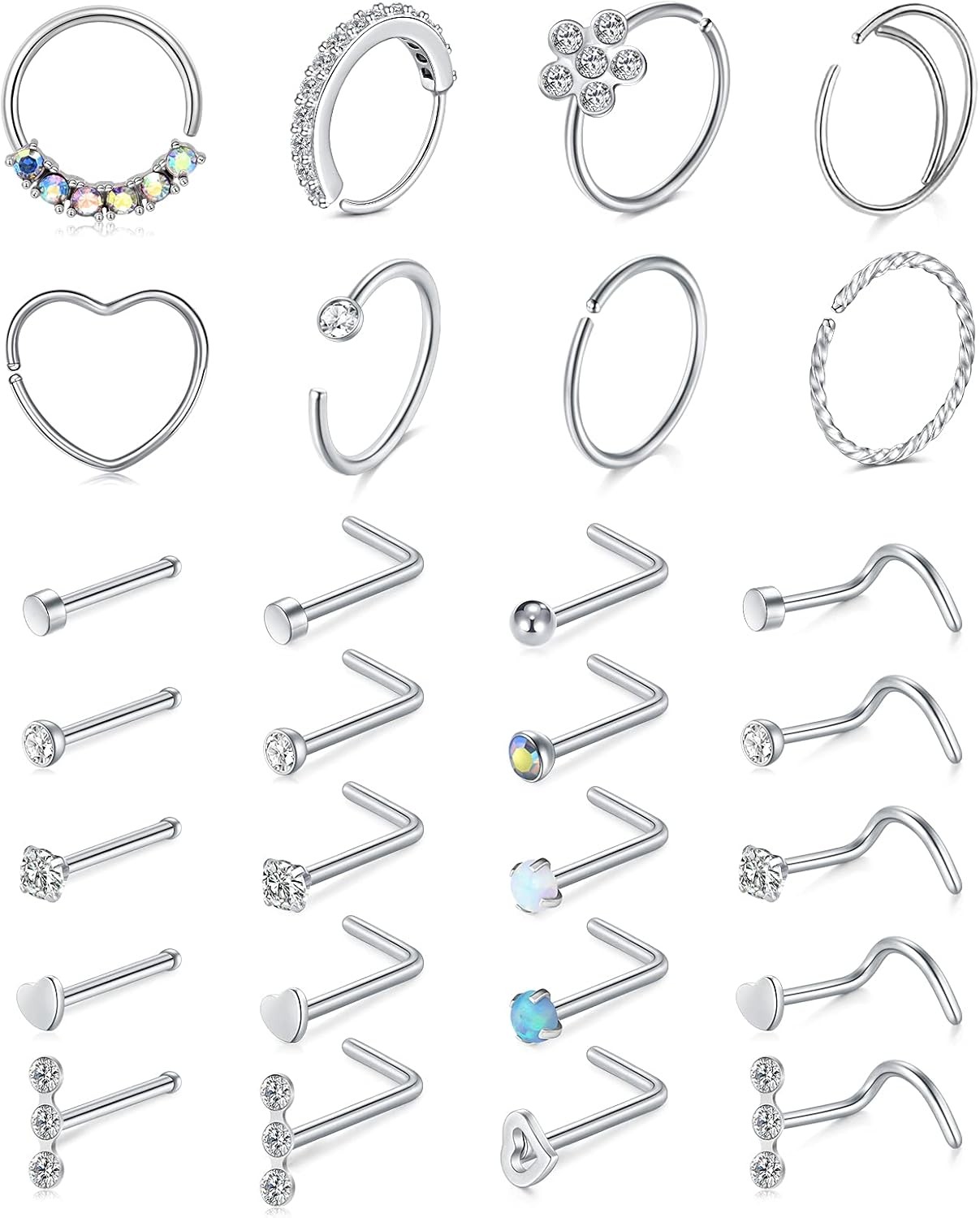 Mayhoop 20g Stainless Steel Nose Rings Hoop L Shape Studs 2#Silver