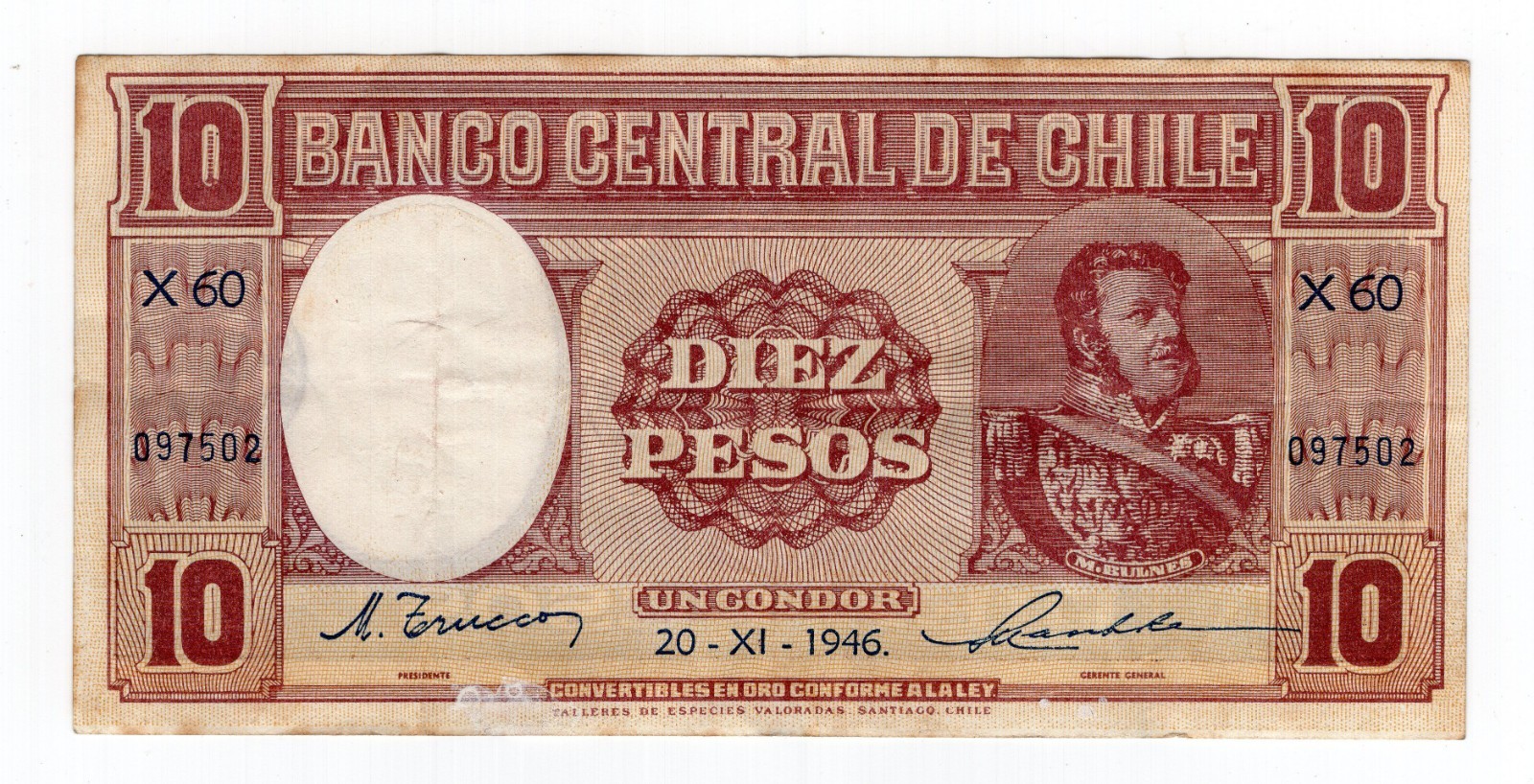 Chile 1941 10 Pesos Manuel Bulnes Trucco Maschke Fine
