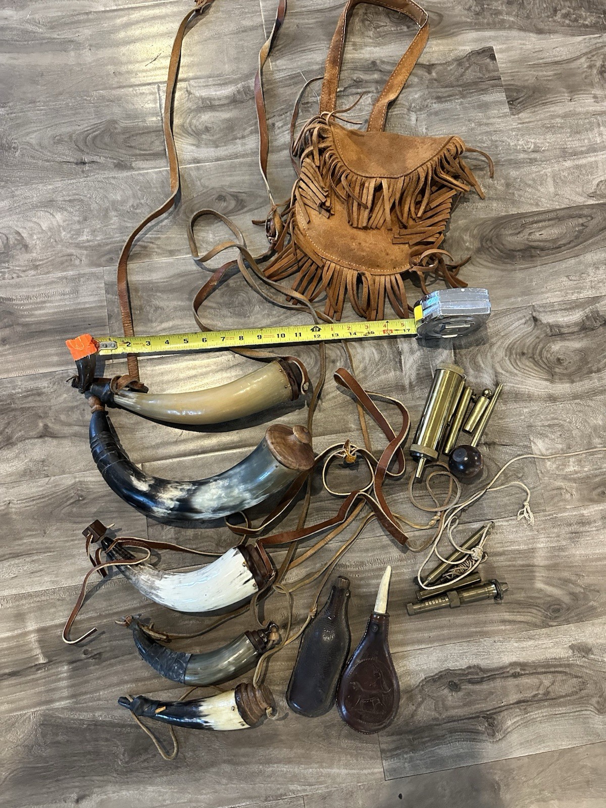 Vintage Muzzleloader Black Powder Accessories, Horns, Flasks, Brass Tools & Bag