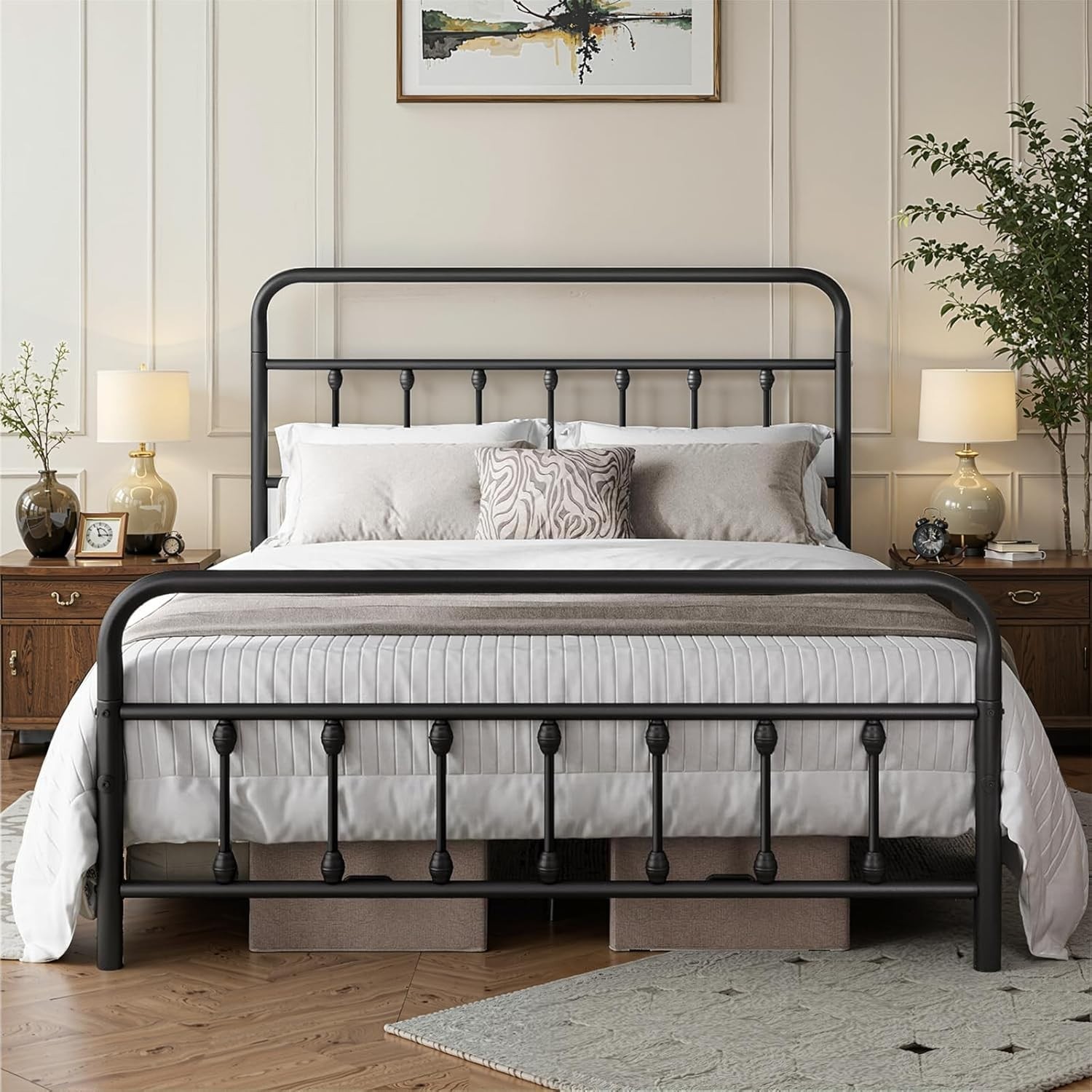 Queen Size Metal Platform Bed Frame with Victorian Style Iron-Art Headboard and