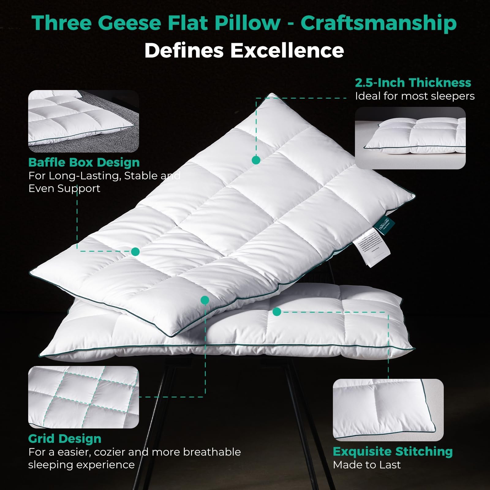 Three Geese Ultra Thin Flat Goose Down Feather Pillows Sleeping Standard Size