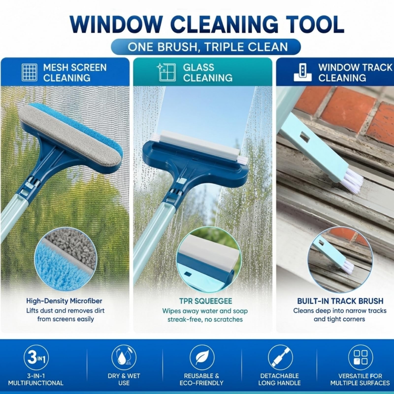 Blue 3 in 1 Window Screen Cleaner Brush Mesh Cleaning Tool
