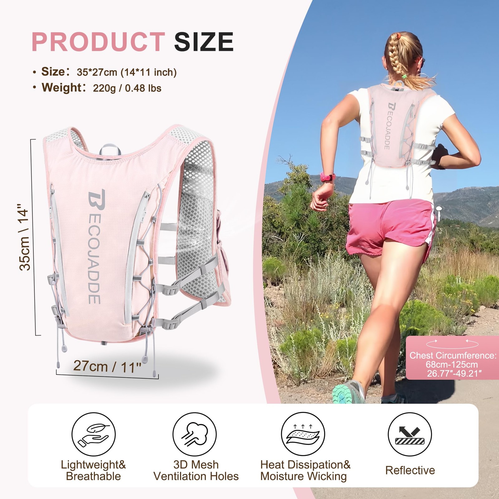 BECOJADDE Running Vest Hydration Backpack for Men Only 5L Vest, Pink