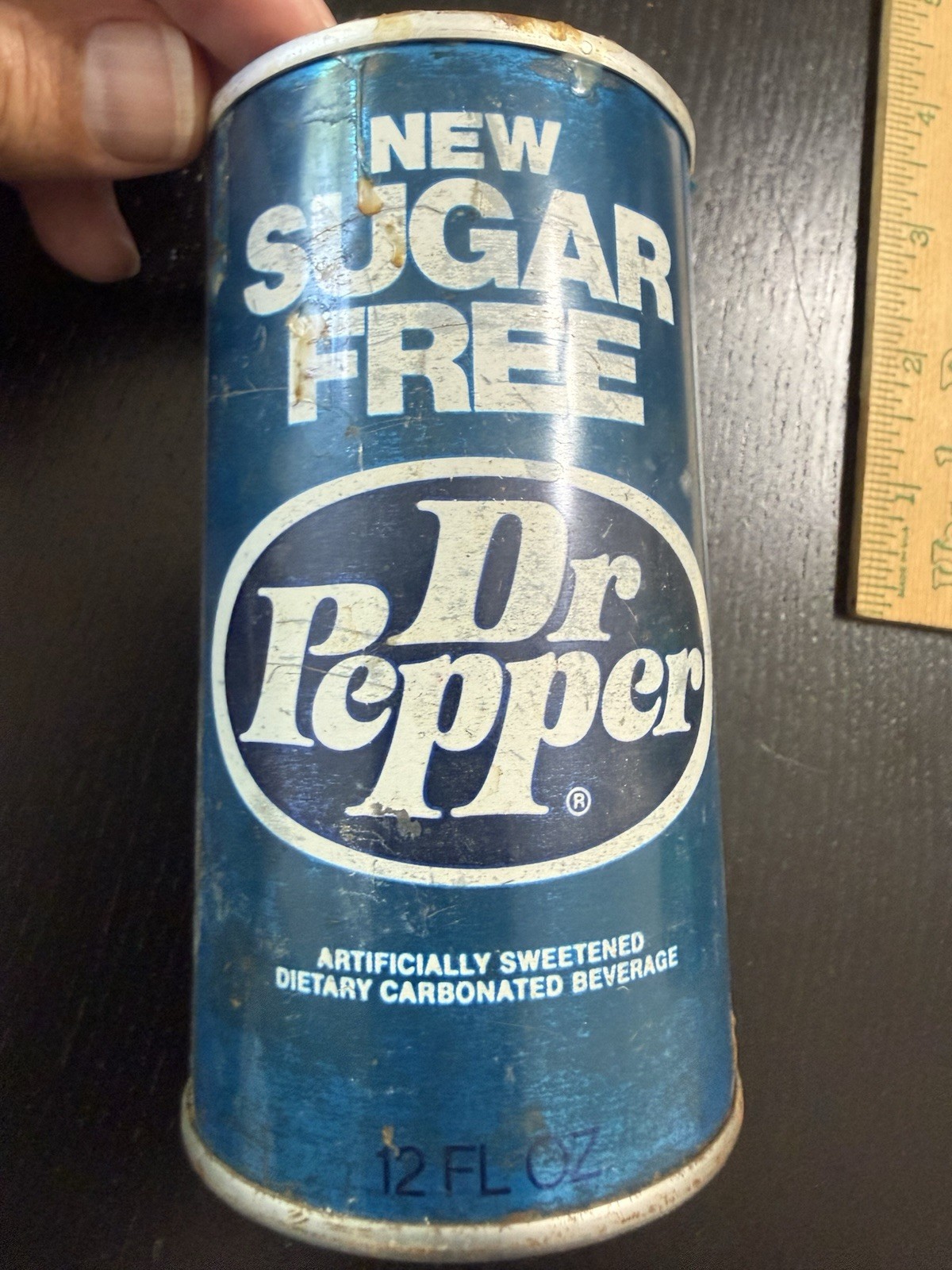 Dr. Pepper Sugar Free Soda Pop Old Vintage 1970s 12 oz Steel Tin Metal Blue Can