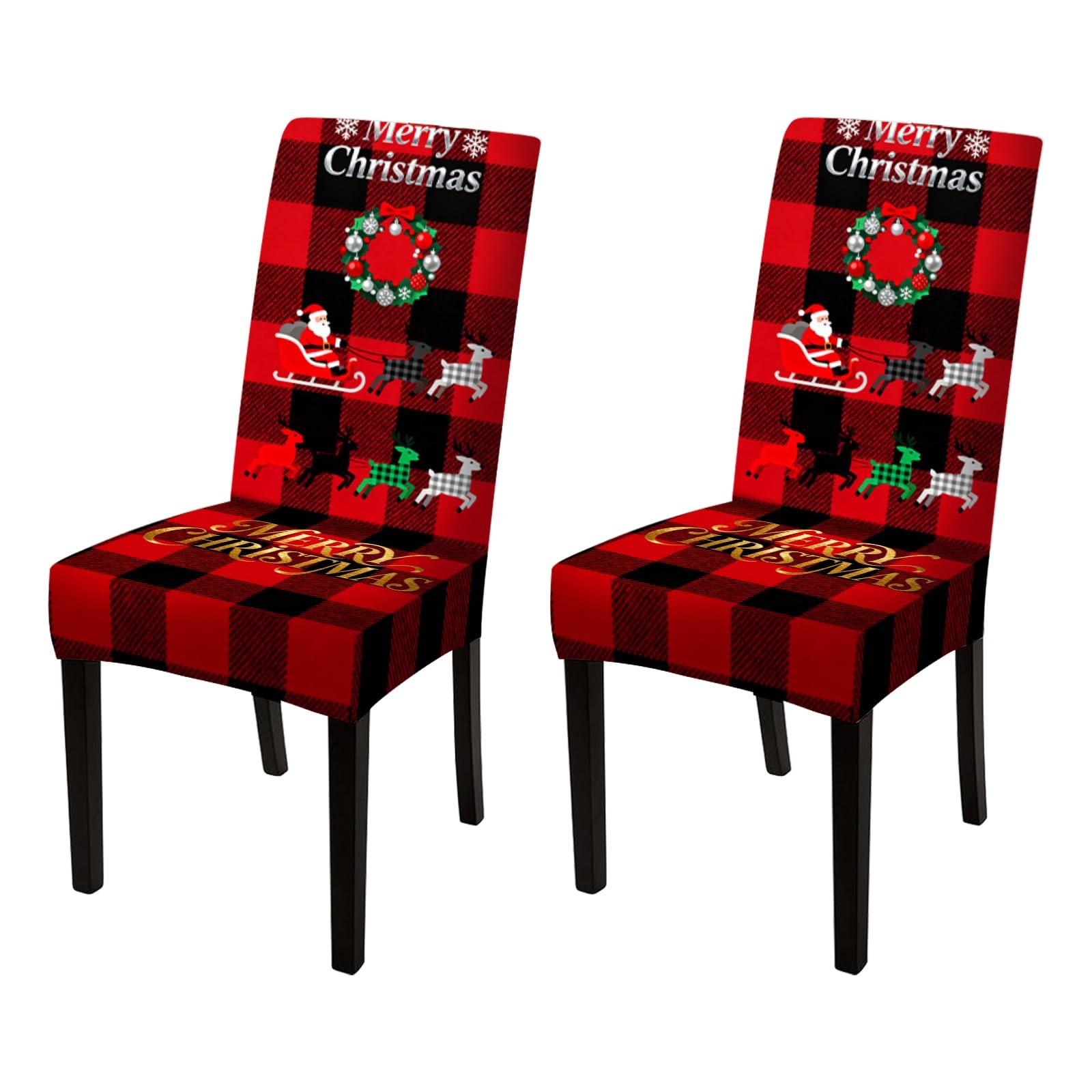 Plaid Santa Reindeer Chair Covers Stretch 23.6x70 Inches - Dining Chair Slipc...