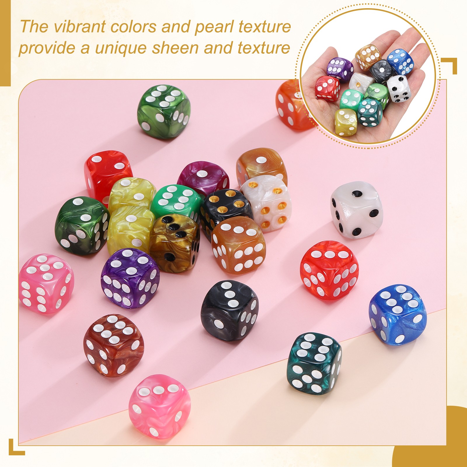 30Pcs Standard Game Dice Set 16mm Pearl Pattern Square Dice, Gold