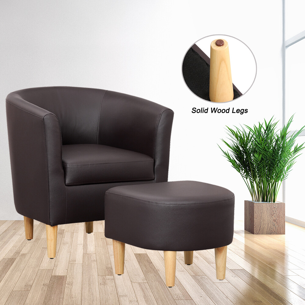 Upholstered Club Chair with Ottoman Set Faux Leather Barrel Design Armchair