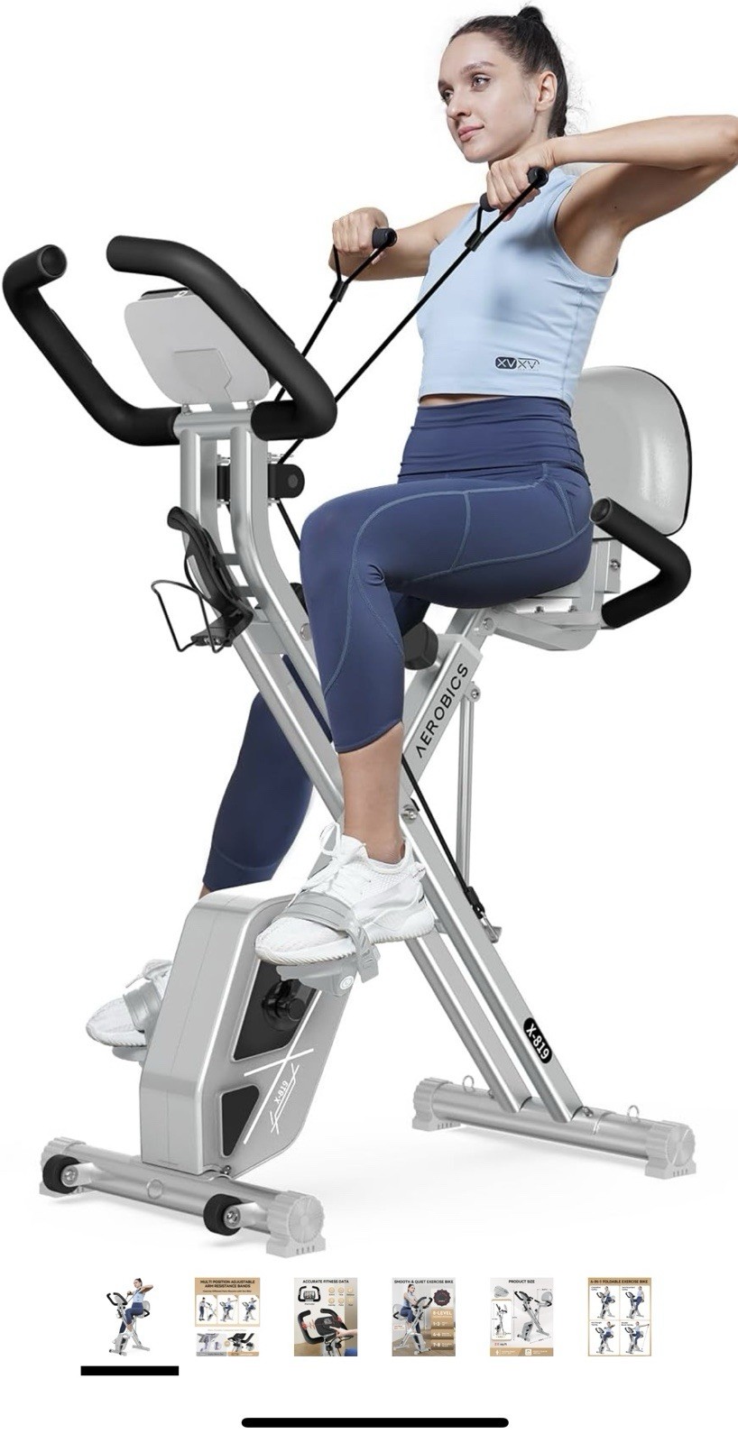 pooboo X819 Foldable Exercise Bike, Arm Resistance Bands, Magnetic, iPad Holder