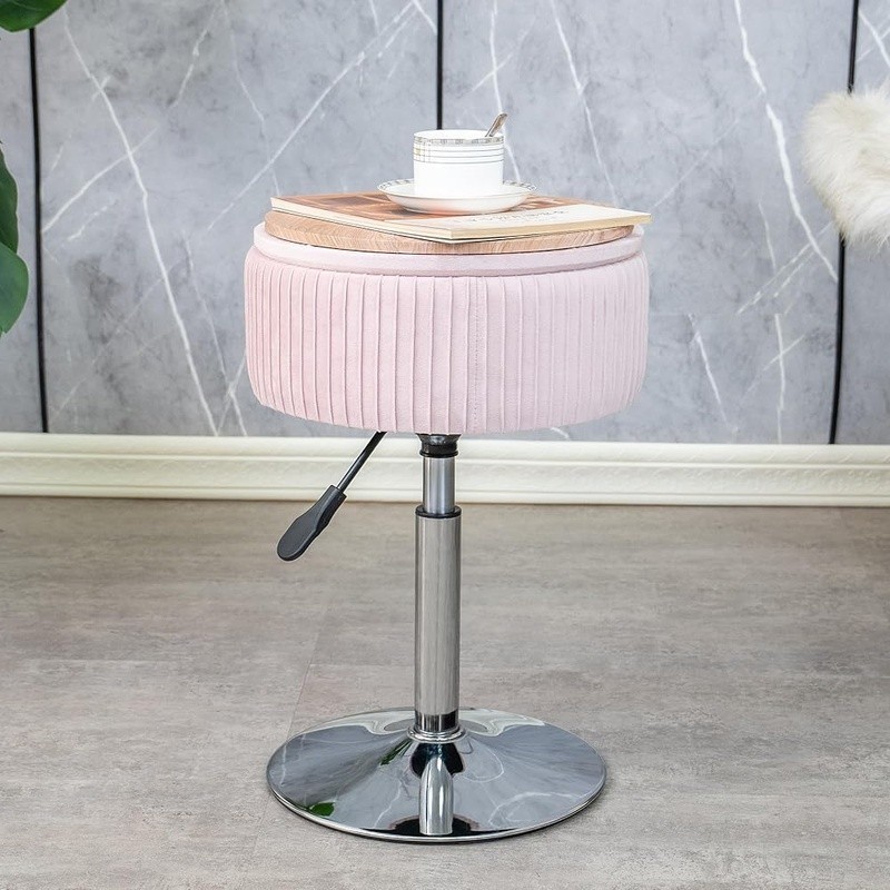 Adjustable Velvet Storage Stool Swivel Seat Hidden Space Foot Rest Non-Slip Base