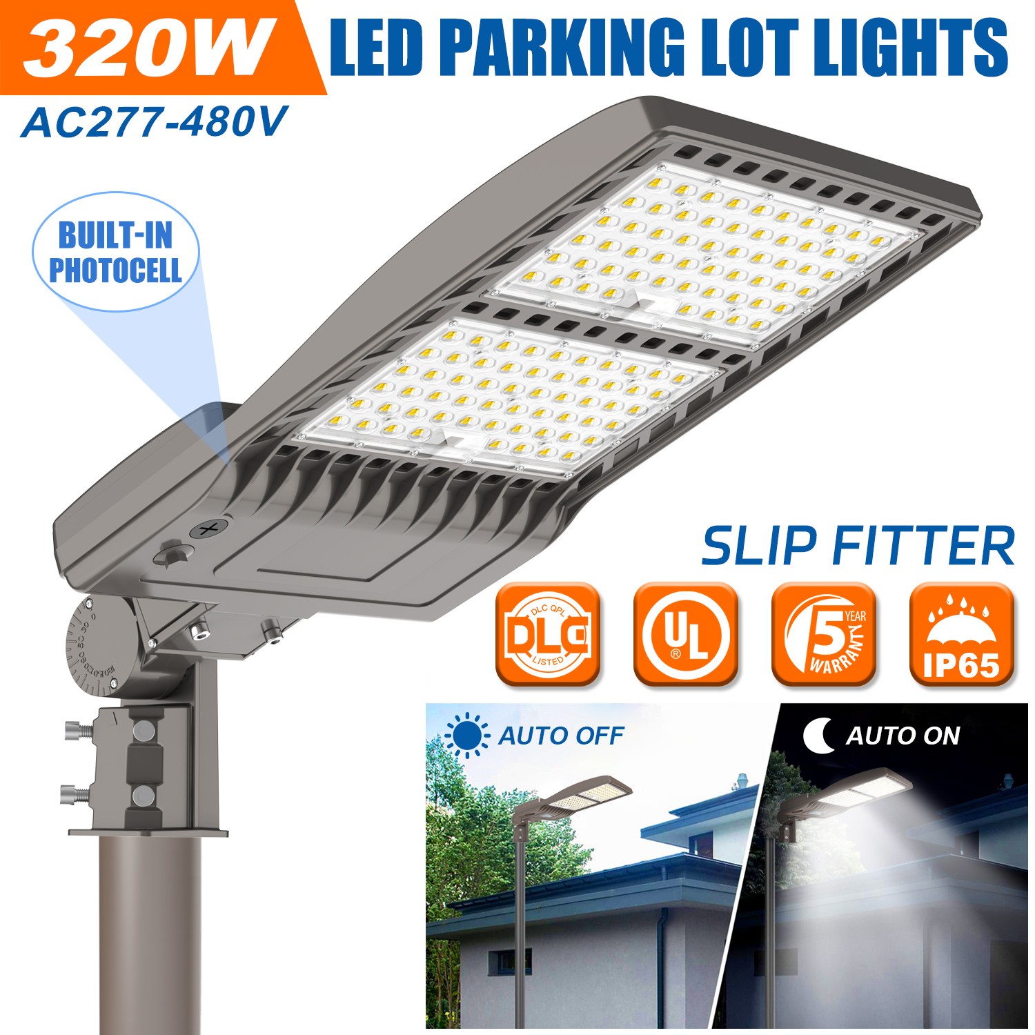 480V 320W-44800LM LED Parking Lot Shoebox Light Dusk to Dawn Commercial Fixtures