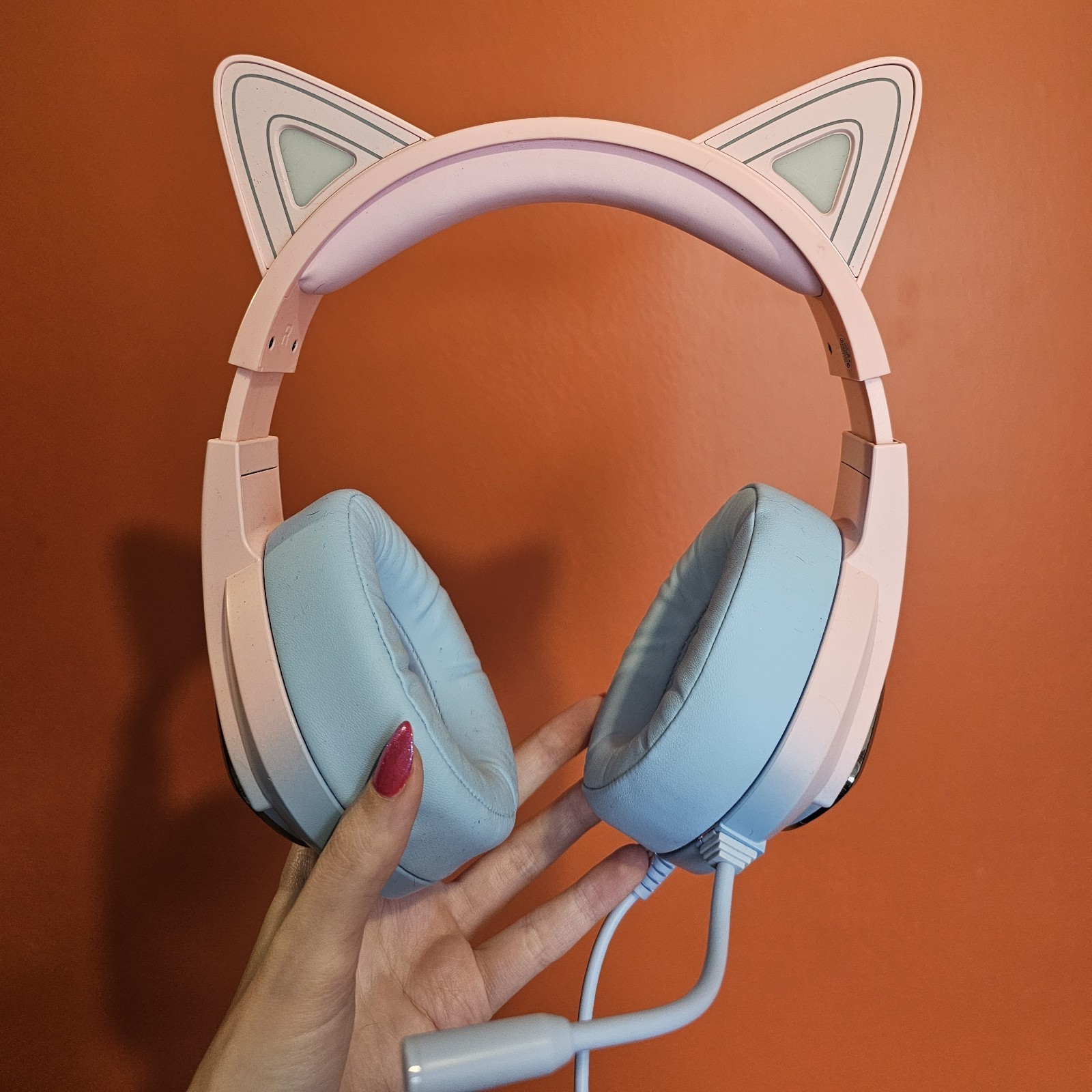 Pink/Blue Cat Ear LED Over-Ear Gaming Headset Wired USB Plus Mic