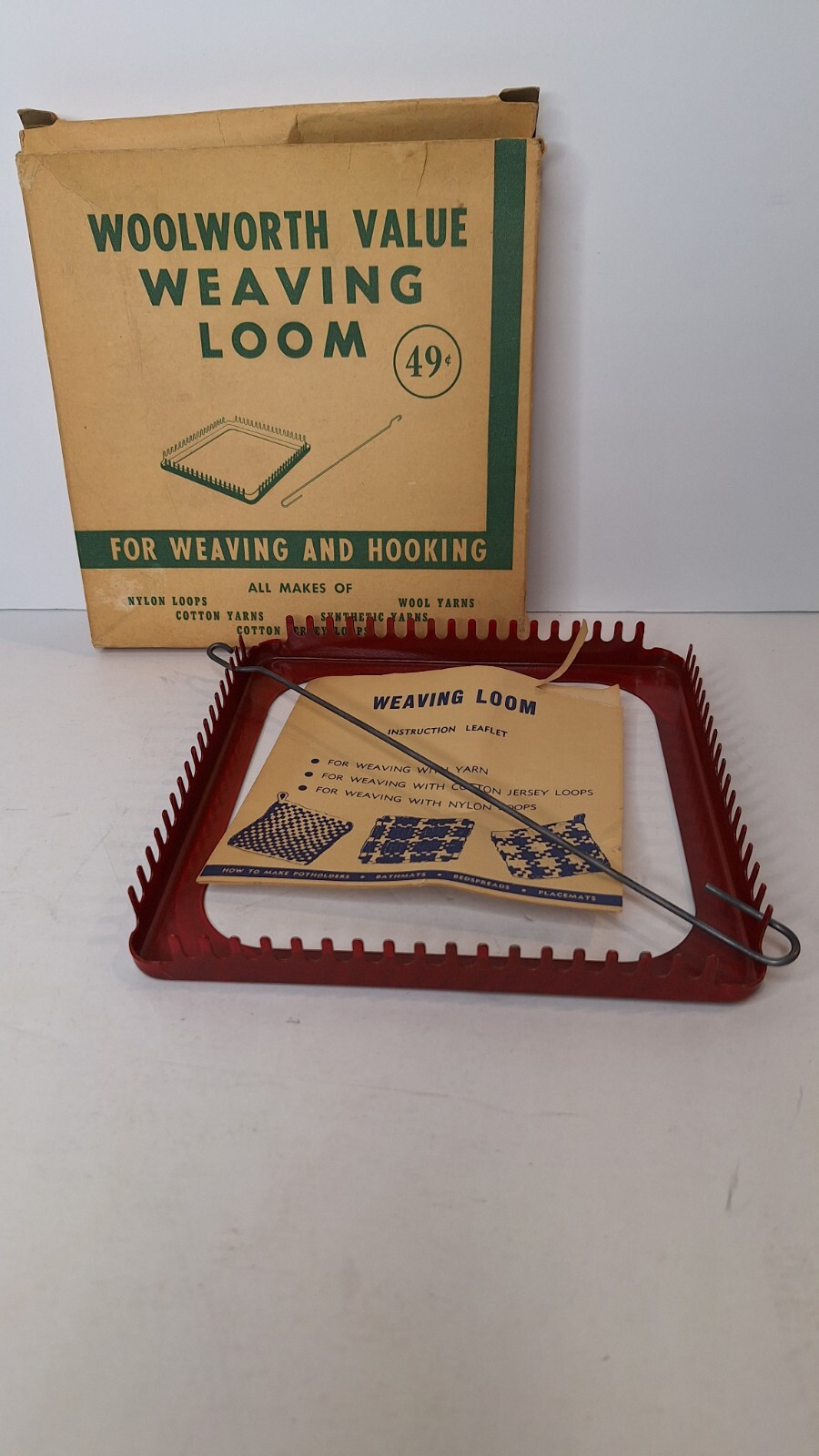 WEAVING LOOM 1940's 1950s Woolworth Value 7" Metal w/ Hook Instructions Box Vtg