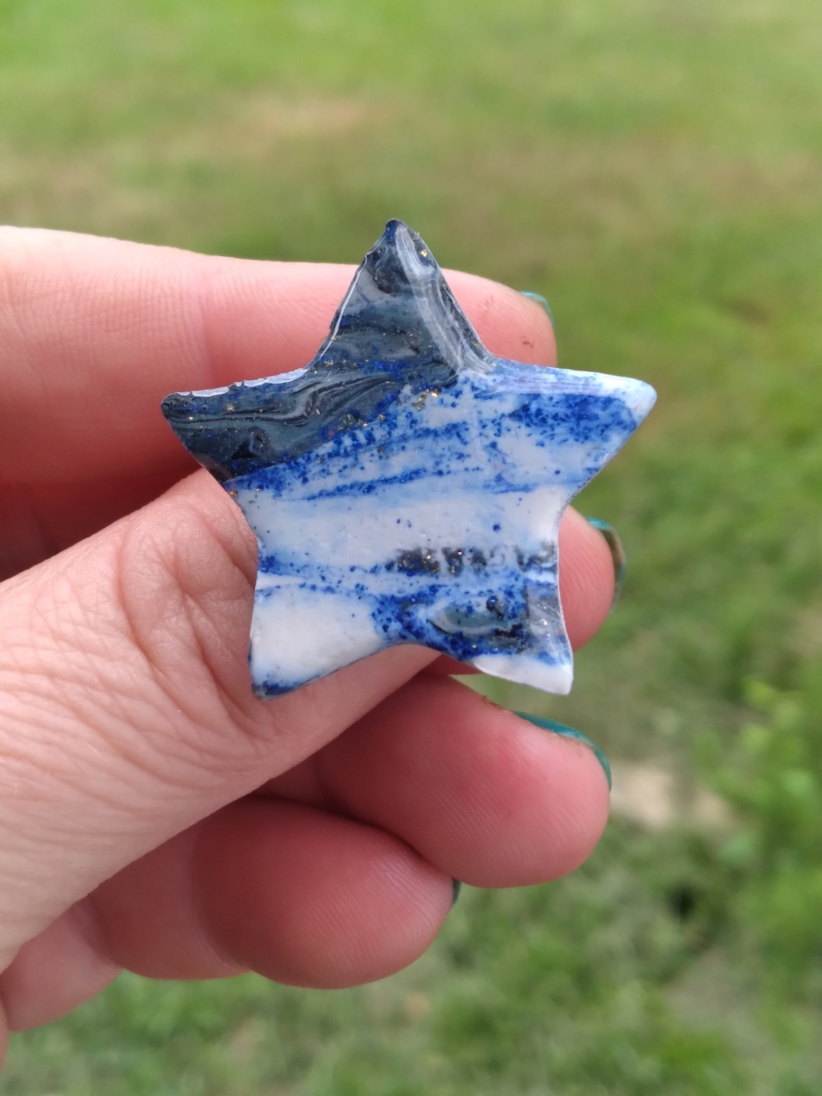 Handcrafted Gold Adjustable Polymer Clay Ring Blue White Marbled Star