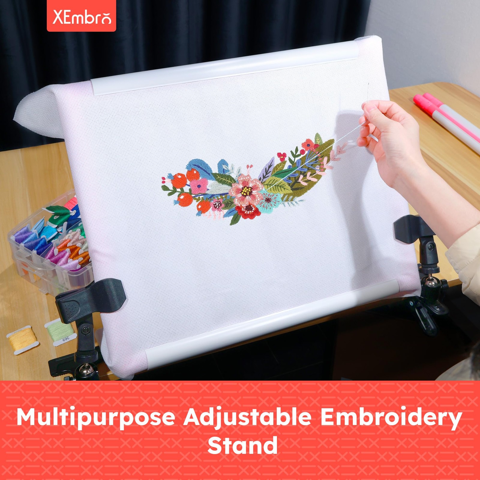XEmbro Large Embroidery Scroll Frame, Adjustable Cross Stitch Pink