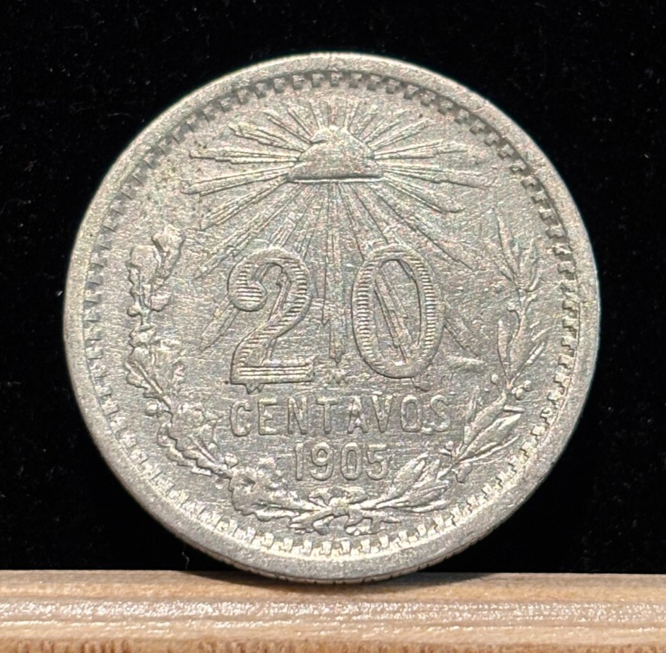 MEXICO 20 Centavos 1905 M, Scarce Silver Type Coin, Cleaned. A4