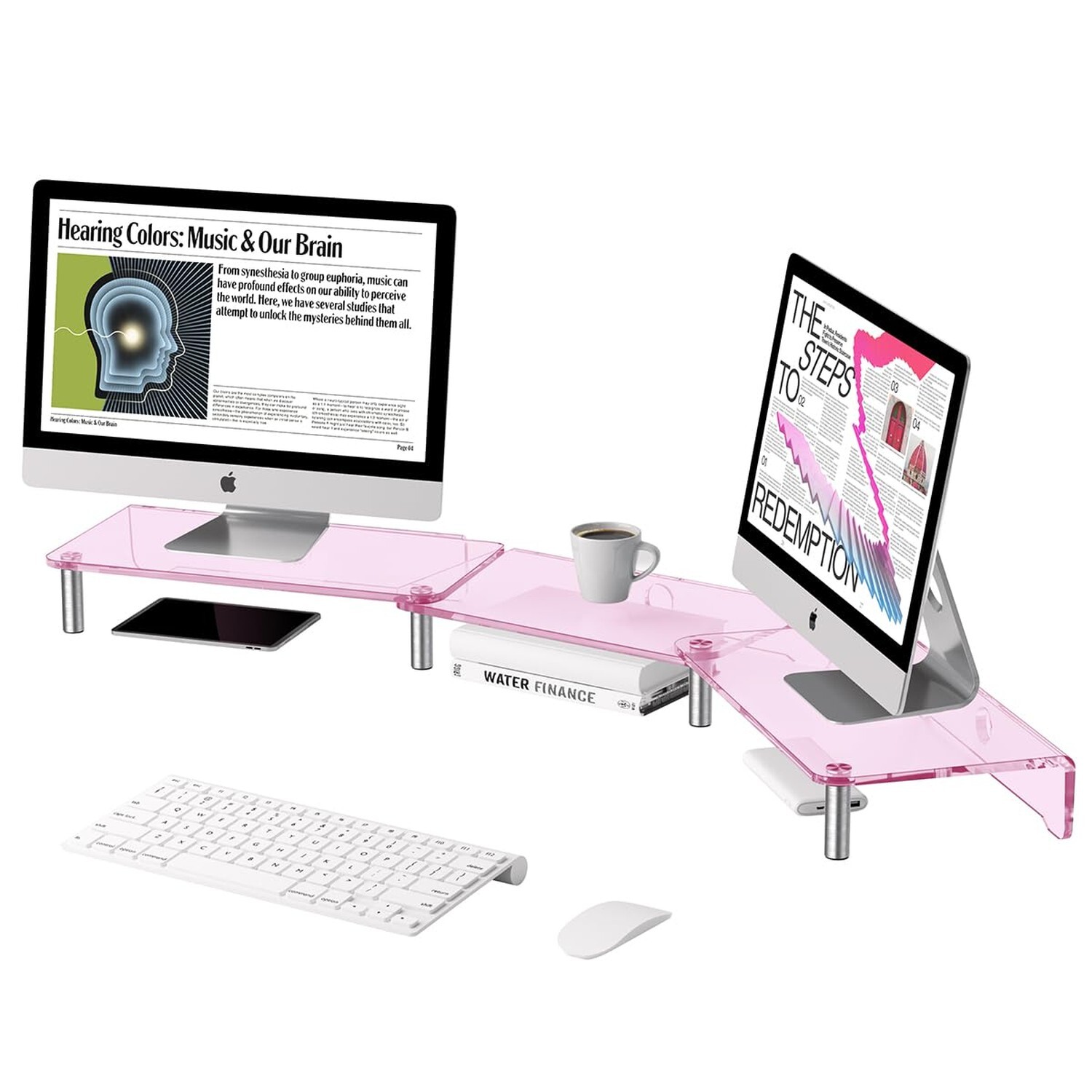 dual monitor stand riser, 3-layer pink acrylic monitor stand with anti slip p...