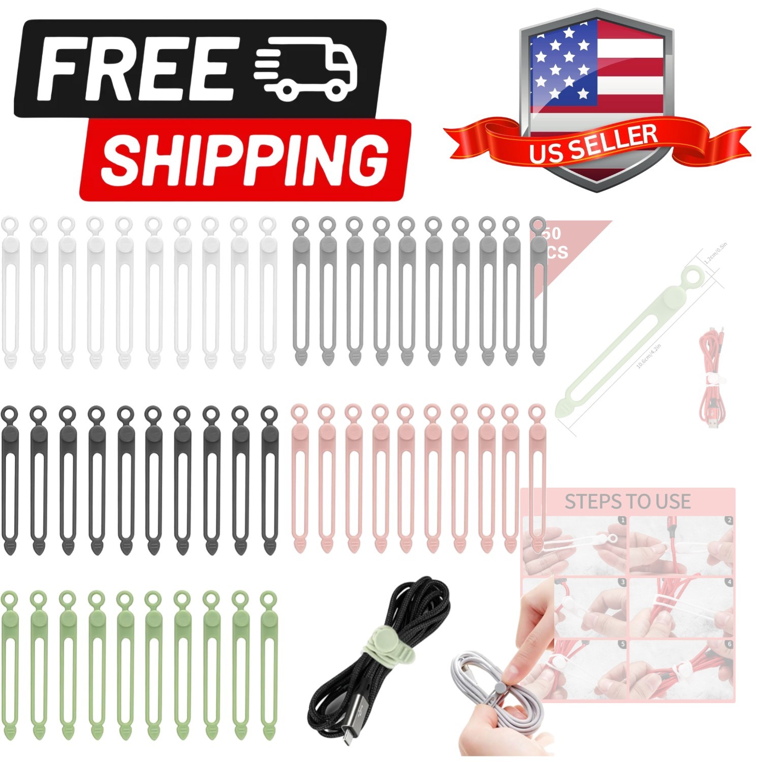 50 Pcs Silicone Cable Ties, Reusable Cable Straps Wire Organizer, Cable Manag...