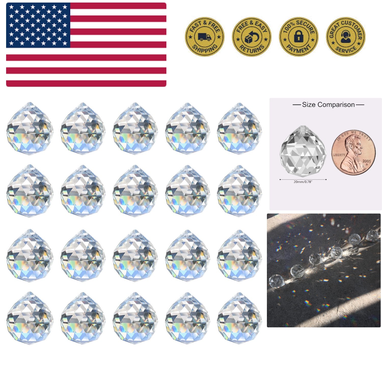 Crystal Sun Catcher, 20pcs 0.8"/20mm Crystal Suncatcher Prism for Windows Han...
