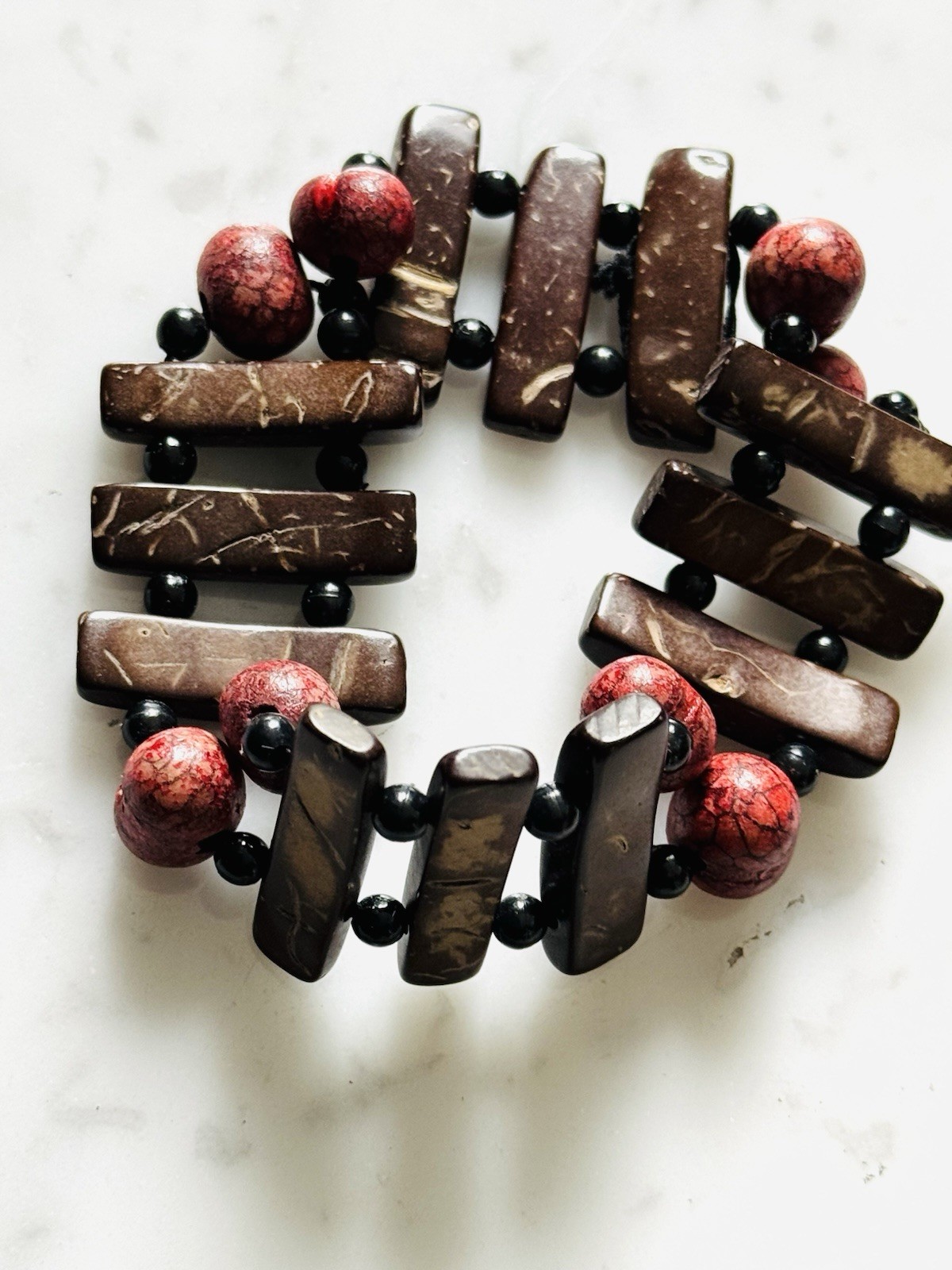Vintage Wood And Bead Handmade Artisanal Bracelet Stretch Unisex FREE SHIPPING