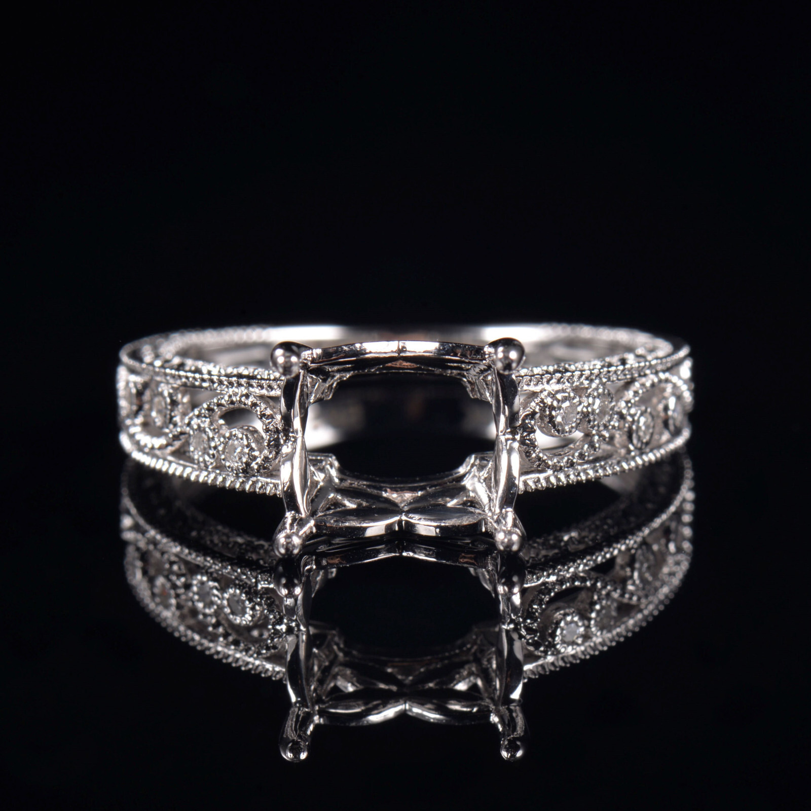 Horizontal Cushion 9×7MM Natural Diamond Milgrain Setting Ring 14K White Gold