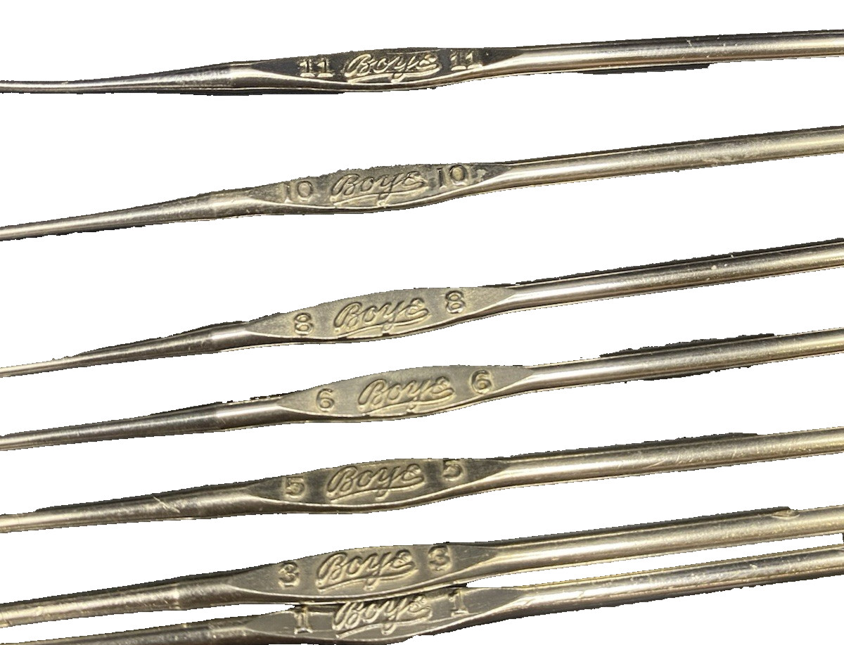 Vintage Boye Crochet Hook Set Metal Hooks w/ Case Mixed USA Markings
