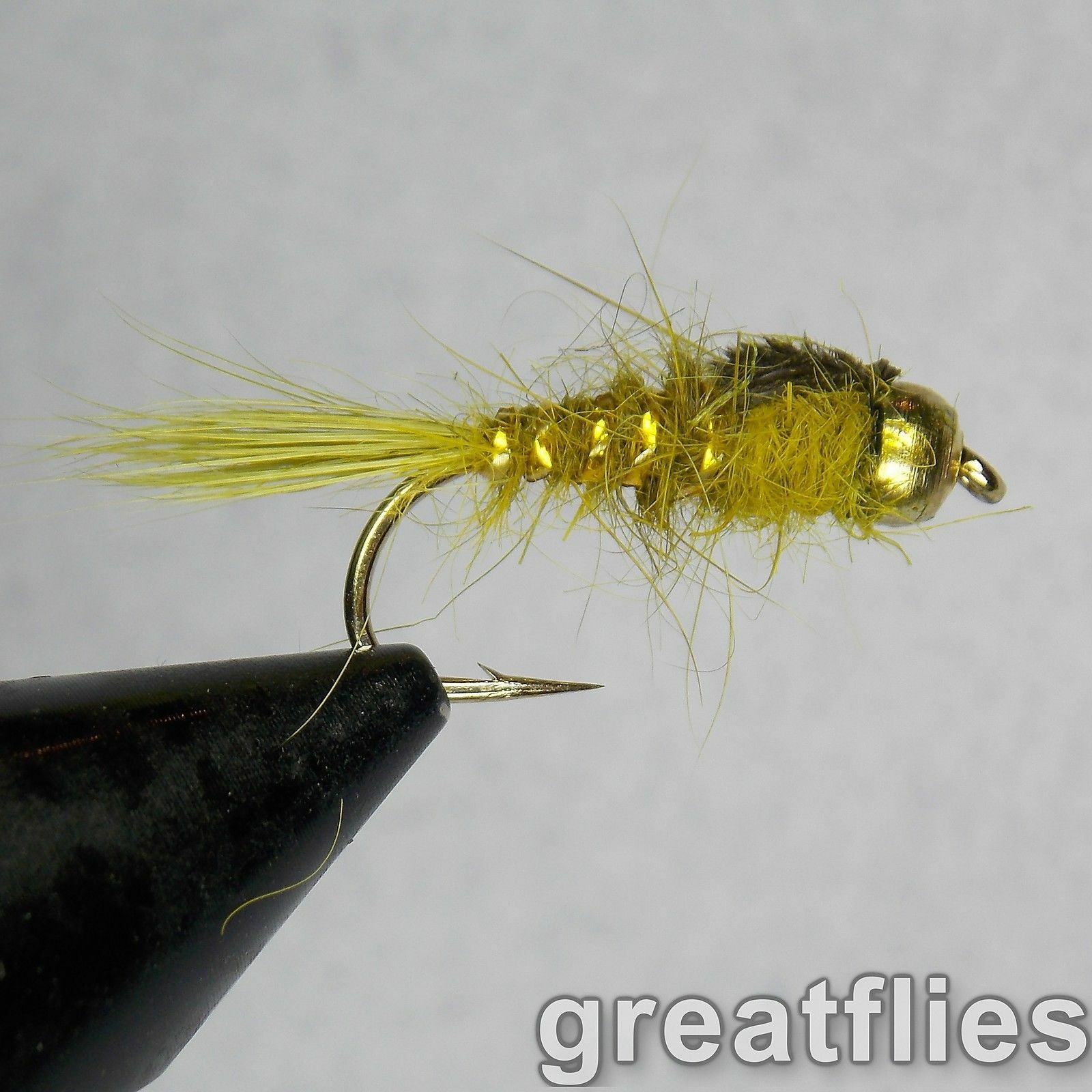1 dozen (12) - Gold Ribbed Hare's Ear - OLIVE - Bead Head