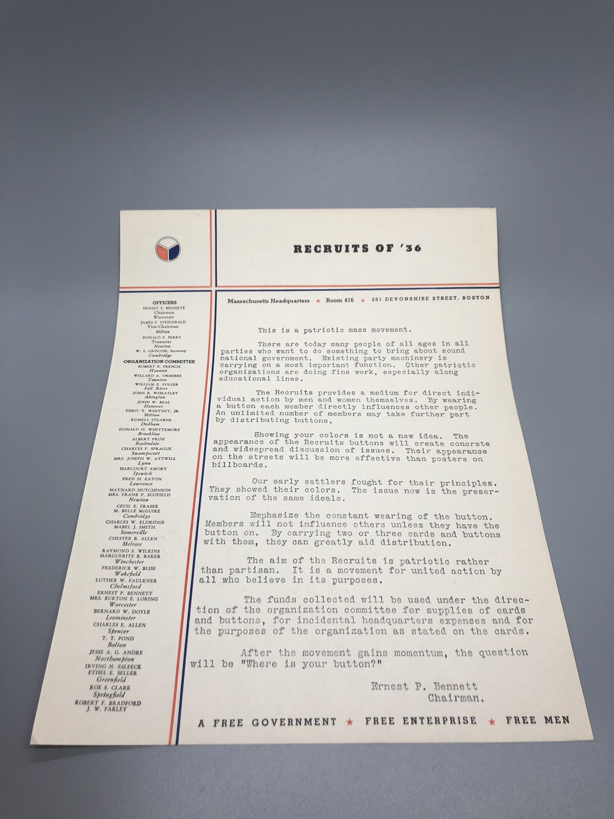 Recruits of ‘36 1936 anti-New Deal pro Alf Landon Mass letter historic cool!
