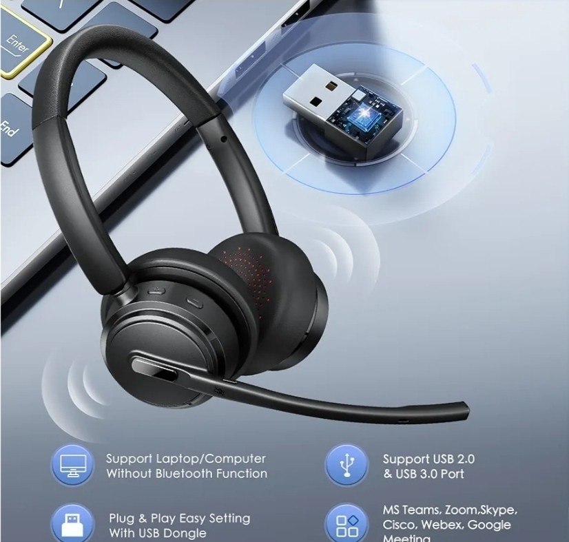 Mopchnic Wireless On-Ear Bluetooth Headset Noise Cancel Mic USB Dongle Base