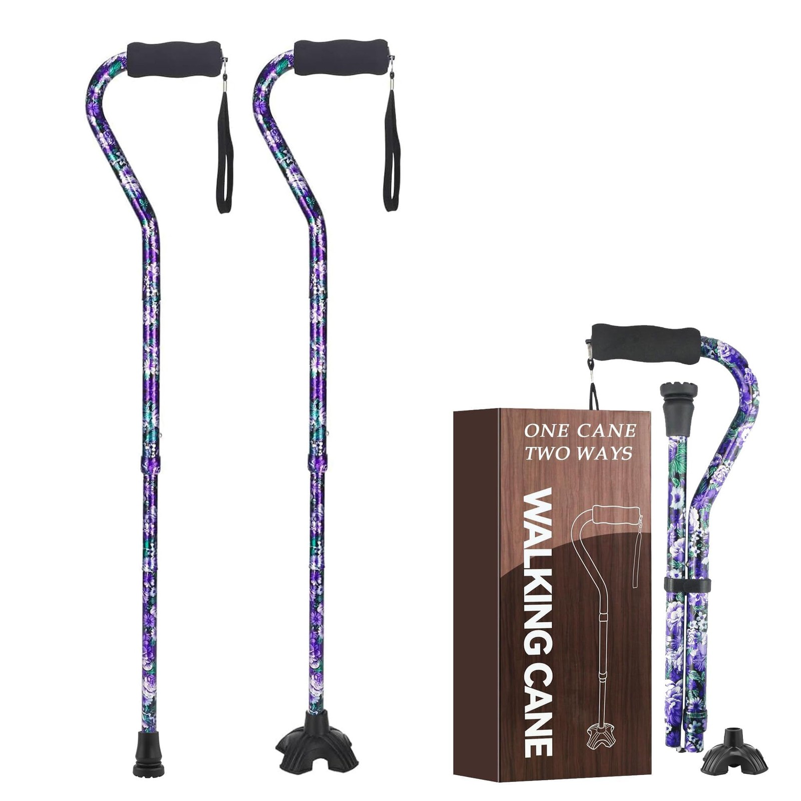 Floral Folding Walking Cane Lightweight Adjustable Stability NonSlip Base