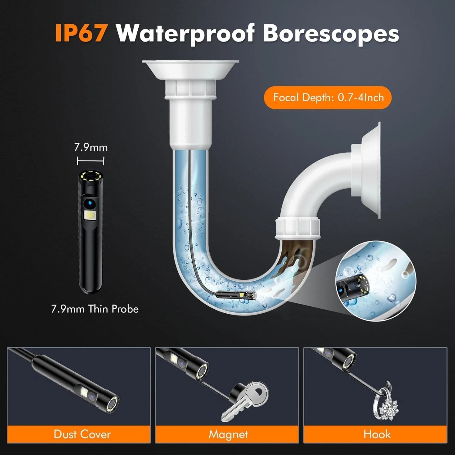 Dual Lens Endoscope Camera with Light Borescope 1920P HD Inspection Camera with