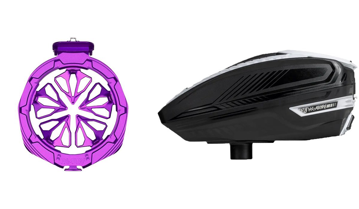 HK Army TFX 3 Paintball Hopper Loader - Black White w/ Purple Evo Pro Speedfeed