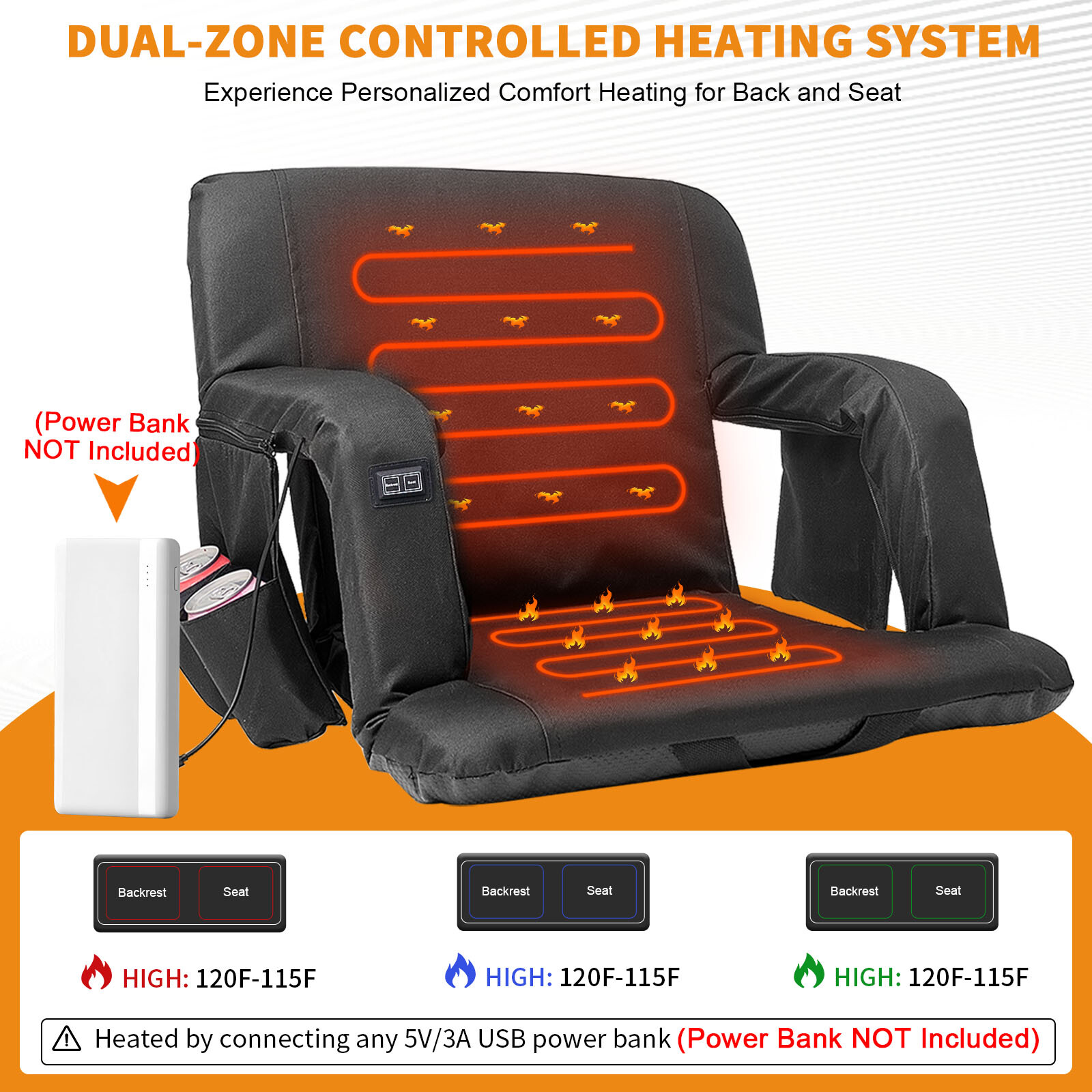H&ZT 21"/ 25" Heated Stadium Seats for Bleachers with Back Support 3 Heat Model