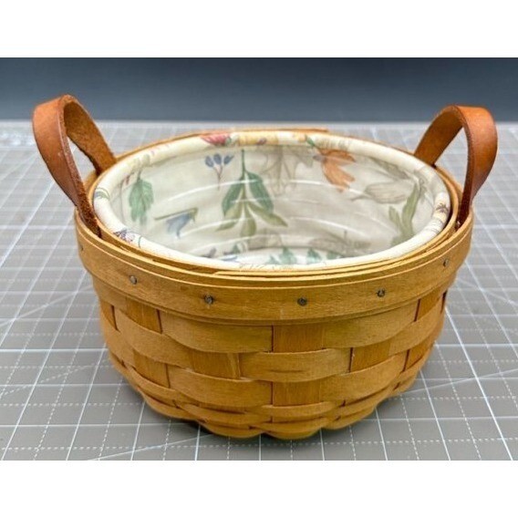 1995 Longaberger Round Basket Leather Handles Butterfly Leaves Inserts