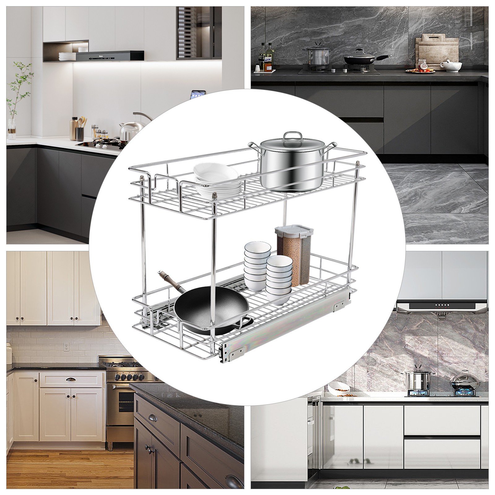 Pull Out Cabinet Organizer, 2-Tier Pull Out Shelves, Kitchen Cabinet Organizer