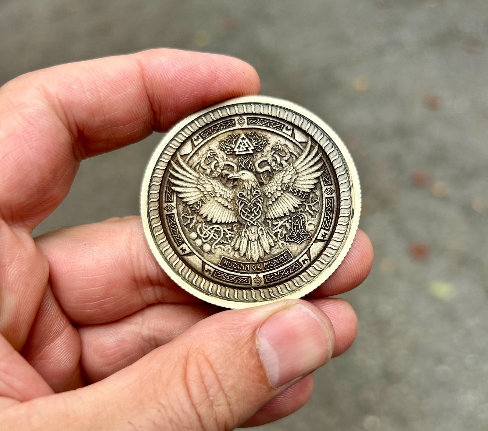 Norse Symbol EDC Coin Solid Brass 50mm | Thor's Hammer & Huginn Muninn |USA Made