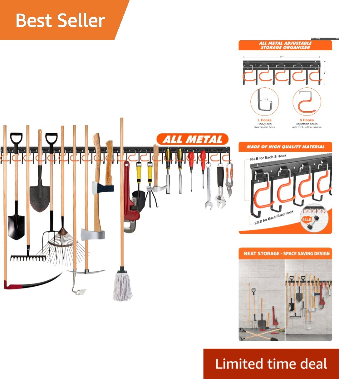 68" All Metal Garden Tool Organizer - Adjustable Wall Mount Storage Solution