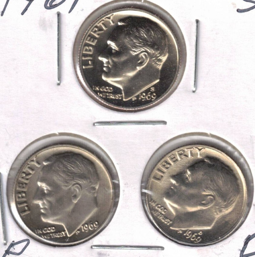1969-S Proof and D+P Mint Set Roosevelt three Dimes!