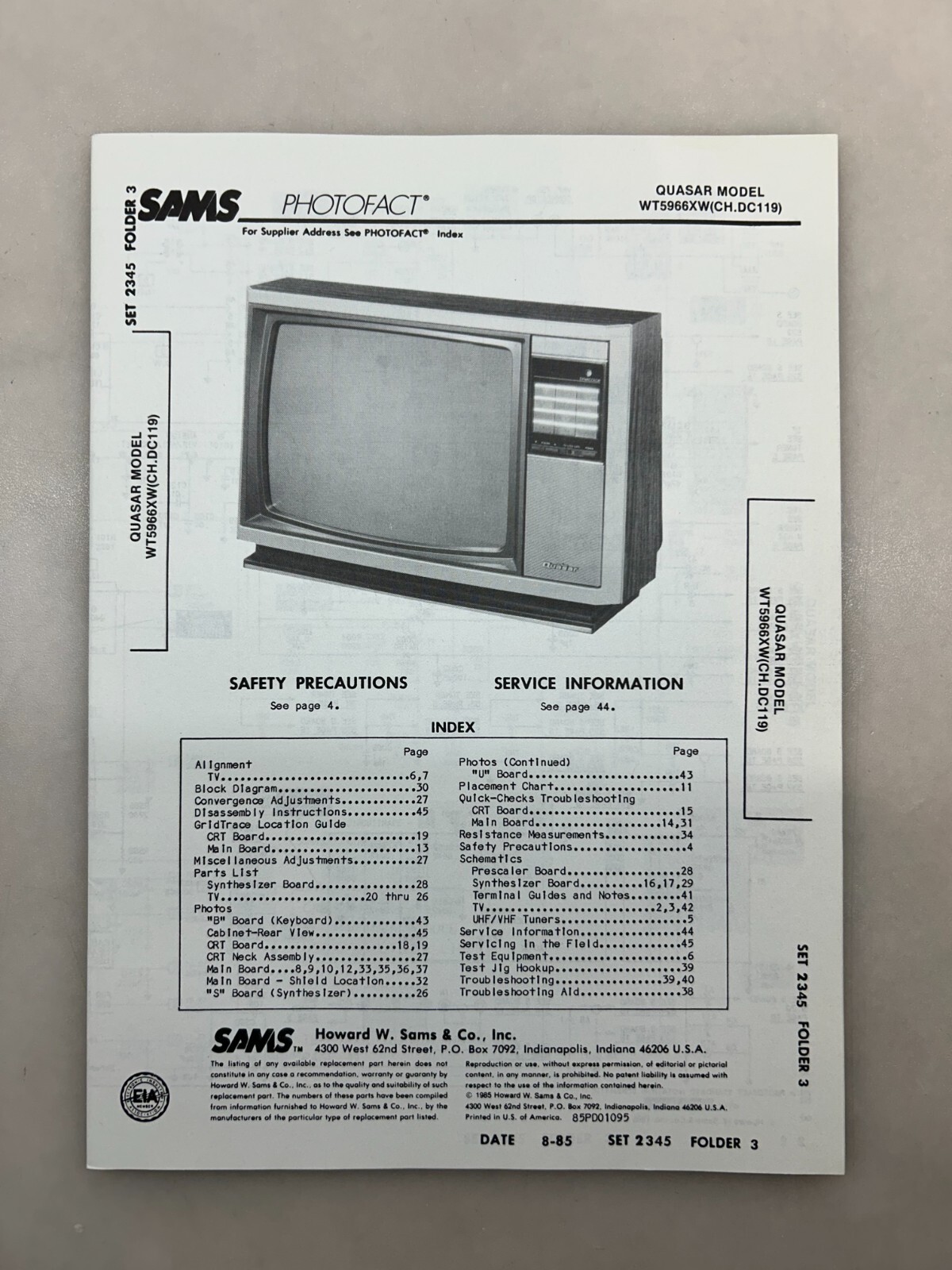 Quasar WT5966XW Service Manual Sams Photofact Free Shipping