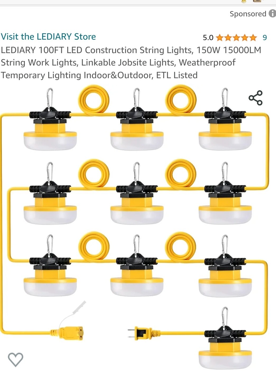 LEDIARY LED STRING WORK LIGHTS 100 FT
