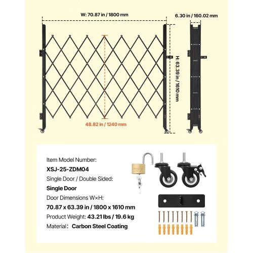Single Folding Security Gate, Lockable Scissor Gate with 360?° Swivel Caster